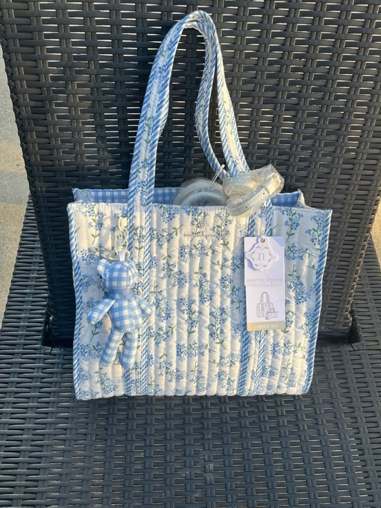 Nanette Lepore Handbags - Nanette Lepore Light Blue Floral Quilted Tote with Gingham Bear Charm